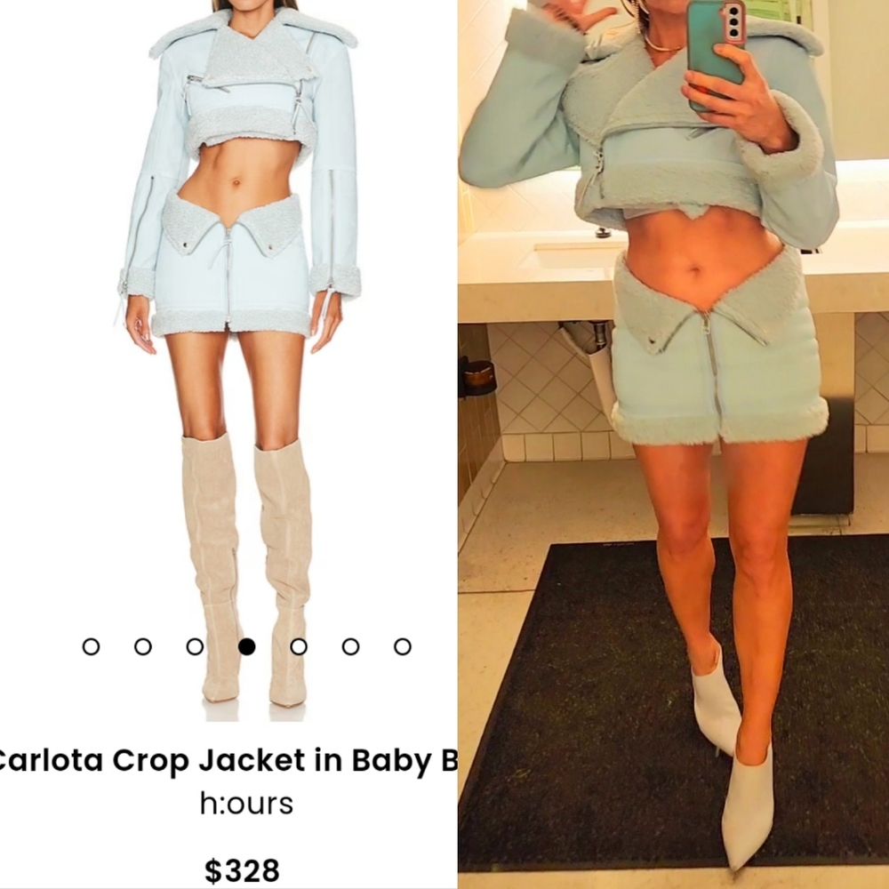 Nwpt VOGUE revolve h:ours Carlota baby blue shearling crop jacket + skirt s